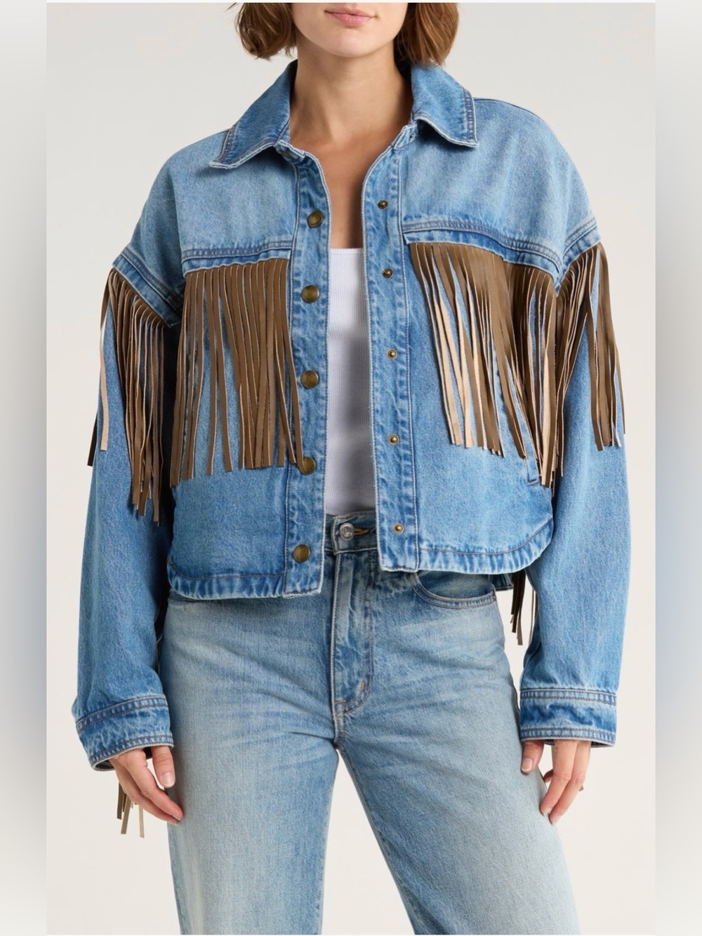 NWT Blank NYC Fringe Denim Jacket in Light Blue with Tan Trim size S.